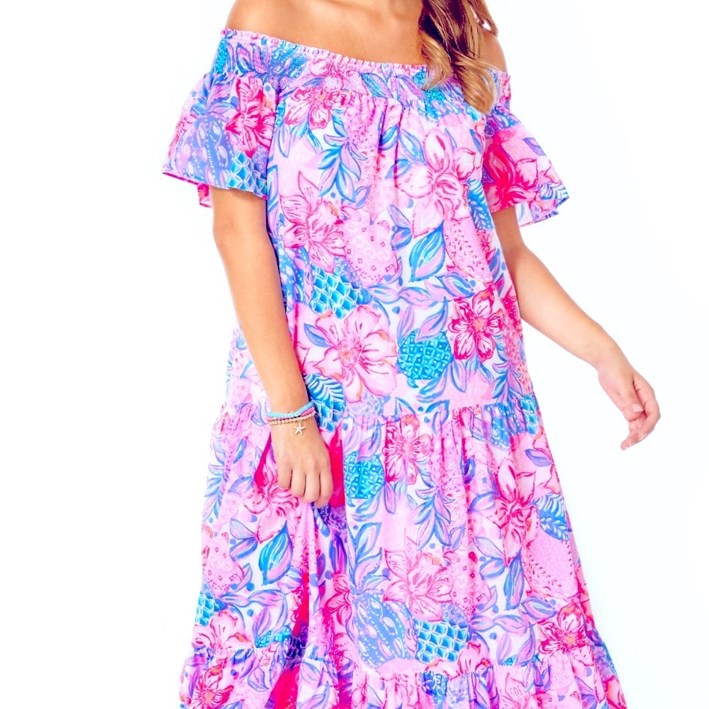 Lilly Pulitzer Dezi Off-The-Shoulder Maxi Dress Pink Isle Snappy Turtle M L XL